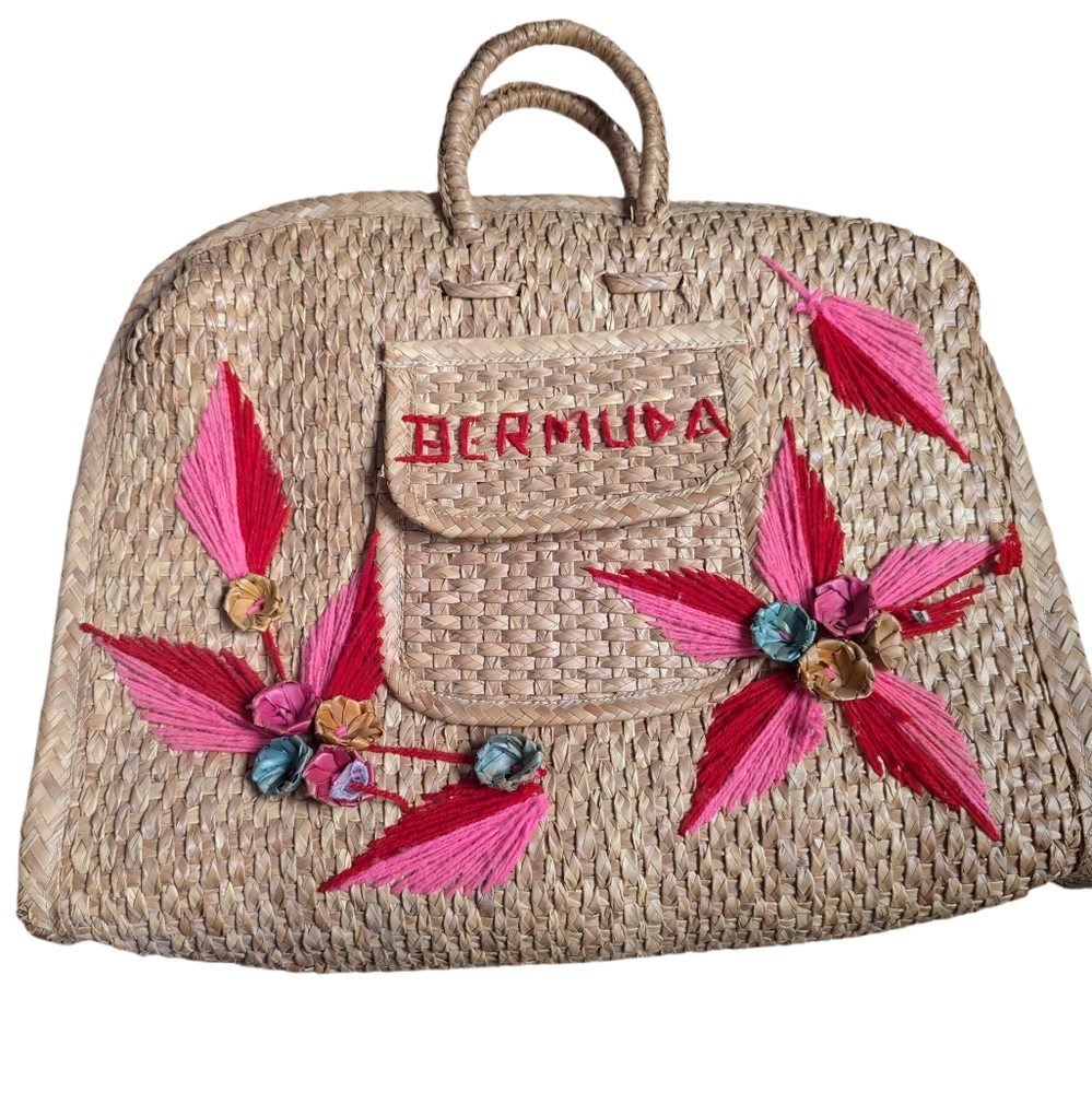 Vintage Woven Bag with Pink And Red 3D Floral Design Vaction Summer Beach Bag